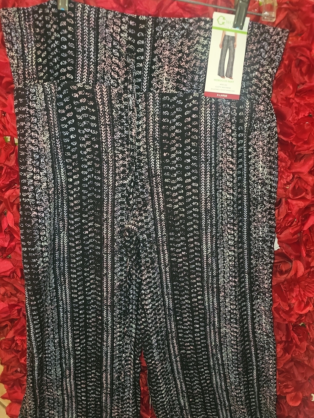 Morocco Print Wide Leg Pants - Black Ditsy Stripe Pink Size Xlarge